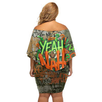 Yeah Nah Graffiti Skull New Zealand Slang Off Shoulder Short Dress Kiwi Grunge Brick Wall and Bold Urban Street Art TS04 - Polynesian Pride