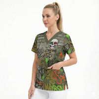 Yeah Nah Graffiti Skull New Zealand Slang Scrub Top Kiwi Grunge Brick Wall and Bold Urban Street Art TS04 - Polynesian Pride