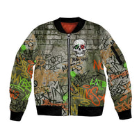 Yeah Nah Graffiti Skull New Zealand Slang Sleeve Zip Bomber Jacket Kiwi Grunge Brick Wall and Bold Urban Street Art TS04 Unisex Multicolor - Polynesian Pride
