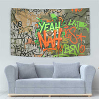 Yeah Nah Graffiti Skull New Zealand Slang Tapestry Kiwi Grunge Brick Wall and Bold Urban Street Art