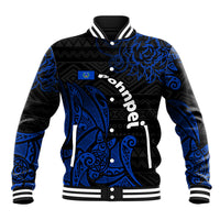 Pohnpei Federated States Of Micronesia Baseball Jacket Polynesian Tribal Heritage Art With Blue Island Tattoo Patterns TS04 Unisex Black Blue - Polynesian Pride