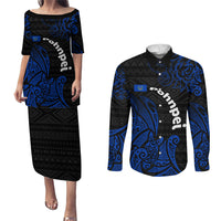 Pohnpei Federated States Of Micronesia Couples Matching Puletasi and Long Sleeve Button Shirt Polynesian Tribal Heritage Art With Blue Island Tattoo Patterns