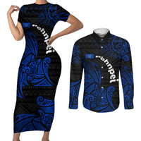 Pohnpei Federated States Of Micronesia Couples Matching Short Sleeve Bodycon Dress and Long Sleeve Button Shirt Polynesian Tribal Heritage Art With Blue Island Tattoo Patterns TS04 Black Blue - Polynesian Pride