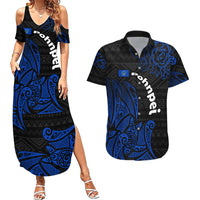 Pohnpei Federated States Of Micronesia Couples Matching Summer Maxi Dress and Hawaiian Shirt Polynesian Tribal Heritage Art With Blue Island Tattoo Patterns TS04 Black Blue - Polynesian Pride