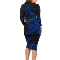 Pohnpei Federated States Of Micronesia Family Matching Long Sleeve Bodycon Dress and Hawaiian Shirt Polynesian Tribal Heritage Art With Blue Island Tattoo Patterns TS04 - Polynesian Pride