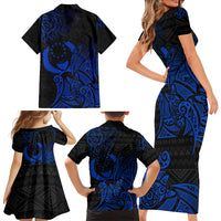 Pohnpei Federated States Of Micronesia Family Matching Short Sleeve Bodycon Dress and Hawaiian Shirt Polynesian Tribal Heritage Art With Blue Island Tattoo Patterns TS04 - Polynesian Pride