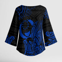 Pohnpei Federated States Of Micronesia Kimono Sleeve Blouse Polynesian Tribal Heritage Art With Blue Island Tattoo Patterns