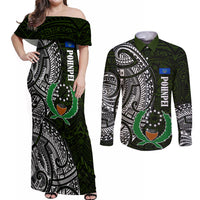 Pohnpei Federated States Of Micronesia Couples Matching Off Shoulder Maxi Dress and Long Sleeve Button Shirt Polynesian Tribal Heritage Art With Kaselehlie State Seal TS04 Green White - Polynesian Pride
