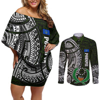 Pohnpei Federated States Of Micronesia Couples Matching Off Shoulder Short Dress and Long Sleeve Button Shirt Polynesian Tribal Heritage Art With Kaselehlie State Seal TS04 Green White - Polynesian Pride