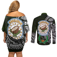 Pohnpei Federated States Of Micronesia Couples Matching Off Shoulder Short Dress and Long Sleeve Button Shirt Polynesian Tribal Heritage Art With Kaselehlie State Seal TS04 - Polynesian Pride