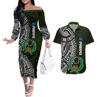 Pohnpei Federated States Of Micronesia Couples Matching Off The Shoulder Long Sleeve Dress and Hawaiian Shirt Polynesian Tribal Heritage Art With Kaselehlie State Seal TS04 Green White - Polynesian Pride