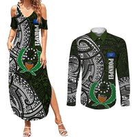 Pohnpei Federated States Of Micronesia Couples Matching Summer Maxi Dress and Long Sleeve Button Shirt Polynesian Tribal Heritage Art With Kaselehlie State Seal TS04 Green White - Polynesian Pride