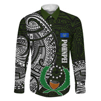 Pohnpei Federated States Of Micronesia Family Matching Off The Shoulder Long Sleeve Dress and Hawaiian Shirt Polynesian Tribal Heritage Art With Kaselehlie State Seal TS04 Dad's Shirt - Long Sleeve Green White - Polynesian Pride