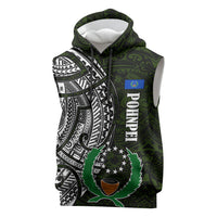 Pohnpei Federated States Of Micronesia Sleeveless Hoodie Polynesian Tribal Heritage Art With Kaselehlie State Seal TS04 Green White - Polynesian Pride