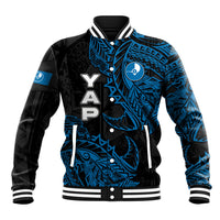 Yap Island Tribal Heritage Baseball Jacket Micronesian Polynesian Tattoo Pattern Blue Black Cultural Art TS04 Unisex Black Blue - Polynesian Pride