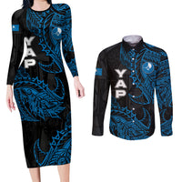 Yap Island Tribal Heritage Couples Matching Long Sleeve Bodycon Dress and Long Sleeve Button Shirt Micronesian Polynesian Tattoo Pattern Blue Black Cultural Art