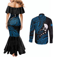 Yap Island Tribal Heritage Couples Matching Mermaid Dress and Long Sleeve Button Shirt Micronesian Polynesian Tattoo Pattern Blue Black Cultural Art