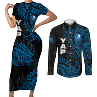 Yap Island Tribal Heritage Couples Matching Short Sleeve Bodycon Dress and Long Sleeve Button Shirt Micronesian Polynesian Tattoo Pattern Blue Black Cultural Art