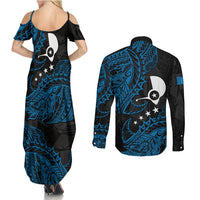 Yap Island Tribal Heritage Couples Matching Summer Maxi Dress and Long Sleeve Button Shirt Micronesian Polynesian Tattoo Pattern Blue Black Cultural Art