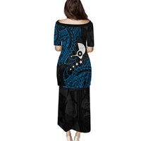 Yap Island Tribal Heritage Family Matching Puletasi and Hawaiian Shirt Micronesian Polynesian Tattoo Pattern Blue Black Cultural Art