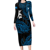 Yap Island Tribal Heritage Long Sleeve Bodycon Dress Micronesian Polynesian Tattoo Pattern Blue Black Cultural Art TS04 Long Dress Black Blue - Polynesian Pride