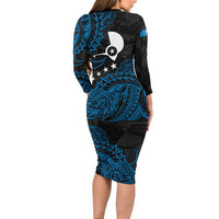 Yap Island Tribal Heritage Long Sleeve Bodycon Dress Micronesian Polynesian Tattoo Pattern Blue Black Cultural Art TS04 - Polynesian Pride
