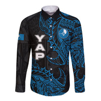 Yap Island Tribal Heritage Long Sleeve Button Shirt Micronesian Polynesian Tattoo Pattern Blue Black Cultural Art TS04 Unisex Black Blue - Polynesian Pride