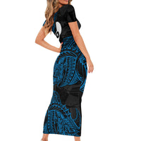 Yap Island Tribal Heritage Short Sleeve Bodycon Dress Micronesian Polynesian Tattoo Pattern Blue Black Cultural Art TS04 - Polynesian Pride