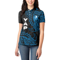 Yap Island Tribal Heritage Women Polo Shirt Micronesian Polynesian Tattoo Pattern Blue Black Cultural Art
