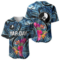 Yap Day Island Floral Tribal Heritage Baseball Jersey Micronesian Hibiscus Pattern Polynesian Tattoo Blue Art TS04 - Polynesian Pride