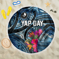 Yap Day Island Floral Tribal Heritage Beach Blanket Micronesian Hibiscus Pattern Polynesian Tattoo Blue Art TS04 One Size 150cm Black Blue - Polynesian Pride