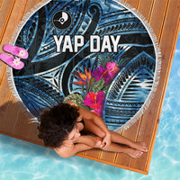 Yap Day Island Floral Tribal Heritage Beach Blanket Micronesian Hibiscus Pattern Polynesian Tattoo Blue Art TS04 - Polynesian Pride