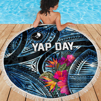 Yap Day Island Floral Tribal Heritage Beach Blanket Micronesian Hibiscus Pattern Polynesian Tattoo Blue Art TS04 - Polynesian Pride
