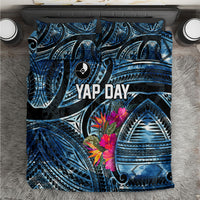Yap Day Island Floral Tribal Heritage Bedding Set Micronesian Hibiscus Pattern Polynesian Tattoo Blue Art TS04 Black Blue - Polynesian Pride