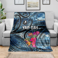 Yap Day Island Floral Tribal Heritage Blanket Micronesian Hibiscus Pattern Polynesian Tattoo Blue Art TS04 - Polynesian Pride