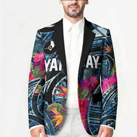 Yap Day Island Floral Tribal Heritage Blazer Micronesian Hibiscus Pattern Polynesian Tattoo Blue Art TS04 - Polynesian Pride