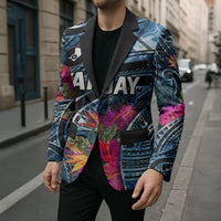 Yap Day Island Floral Tribal Heritage Blazer Micronesian Hibiscus Pattern Polynesian Tattoo Blue Art TS04 - Polynesian Pride
