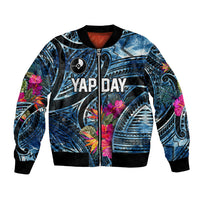 Yap Day Island Floral Tribal Heritage Bomber Jacket Micronesian Hibiscus Pattern Polynesian Tattoo Blue Art TS04 Unisex Black Blue - Polynesian Pride