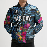 Yap Day Island Floral Tribal Heritage Bomber Puffer Jacket Micronesian Hibiscus Pattern Polynesian Tattoo Blue Art TS04 - Polynesian Pride