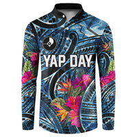 Yap Day Island Floral Tribal Heritage Button Sweatshirt Micronesian Hibiscus Pattern Polynesian Tattoo Blue Art TS04 Black Blue - Polynesian Pride