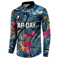 Yap Day Island Floral Tribal Heritage Button Sweatshirt Micronesian Hibiscus Pattern Polynesian Tattoo Blue Art TS04 - Polynesian Pride