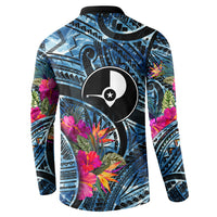 Yap Day Island Floral Tribal Heritage Button Sweatshirt Micronesian Hibiscus Pattern Polynesian Tattoo Blue Art TS04 - Polynesian Pride