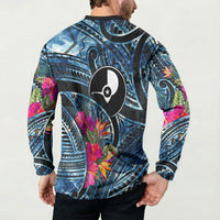 Yap Day Island Floral Tribal Heritage Button Sweatshirt Micronesian Hibiscus Pattern Polynesian Tattoo Blue Art TS04 - Polynesian Pride