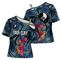 Yap Day Island Floral Tribal Heritage Cross Shoulder Shirt Micronesian Hibiscus Pattern Polynesian Tattoo Blue Art TS04 - Polynesian Pride