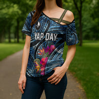 Yap Day Island Floral Tribal Heritage Cross Shoulder Shirt Micronesian Hibiscus Pattern Polynesian Tattoo Blue Art TS04 - Polynesian Pride