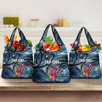 Yap Day Island Floral Tribal Heritage Grocery Bag Micronesian Hibiscus Pattern Polynesian Tattoo Blue Art TS04 3-pack One Size Black Blue - Polynesian Pride