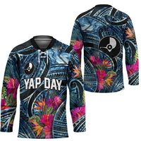 Yap Day Island Floral Tribal Heritage Hockey Jersey Micronesian Hibiscus Pattern Polynesian Tattoo Blue Art TS04 - Polynesian Pride