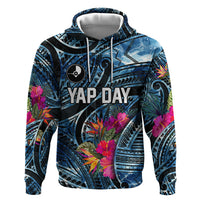 Yap Day Island Floral Tribal Heritage Hoodie Micronesian Hibiscus Pattern Polynesian Tattoo Blue Art TS04 Pullover Hoodie Black Blue - Polynesian Pride