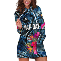Yap Day Island Floral Tribal Heritage Hoodie Dress Micronesian Hibiscus Pattern Polynesian Tattoo Blue Art