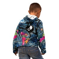 Yap Day Island Floral Tribal Heritage Kid Hoodie Micronesian Hibiscus Pattern Polynesian Tattoo Blue Art TS04 - Polynesian Pride